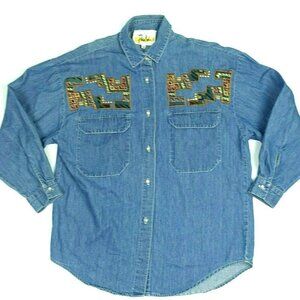 Philip Noel Aztec Embroidered Gold Studded Blue Denim Button up Shirt Sz M